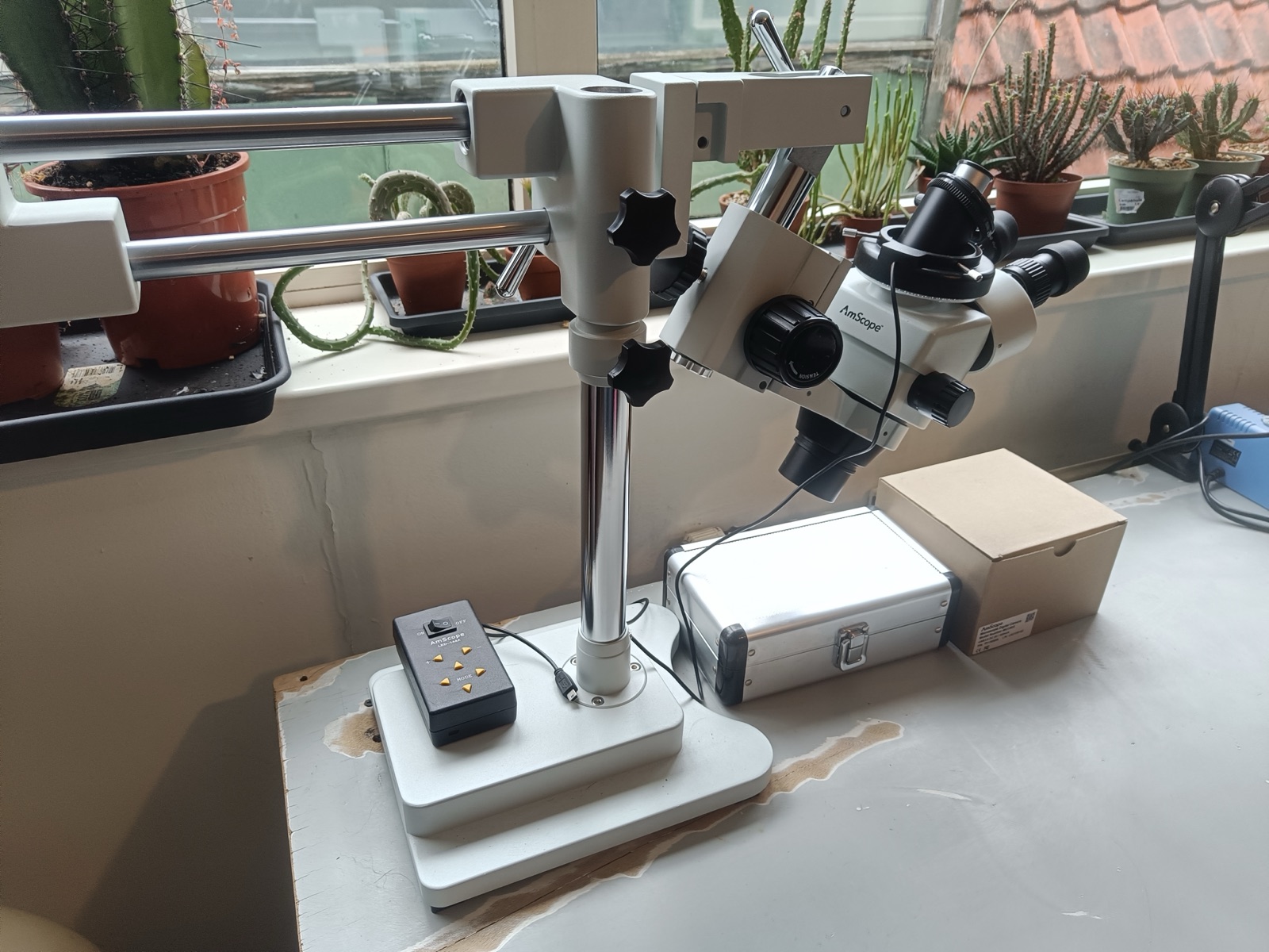 Electronics bench with microscope and soldering station