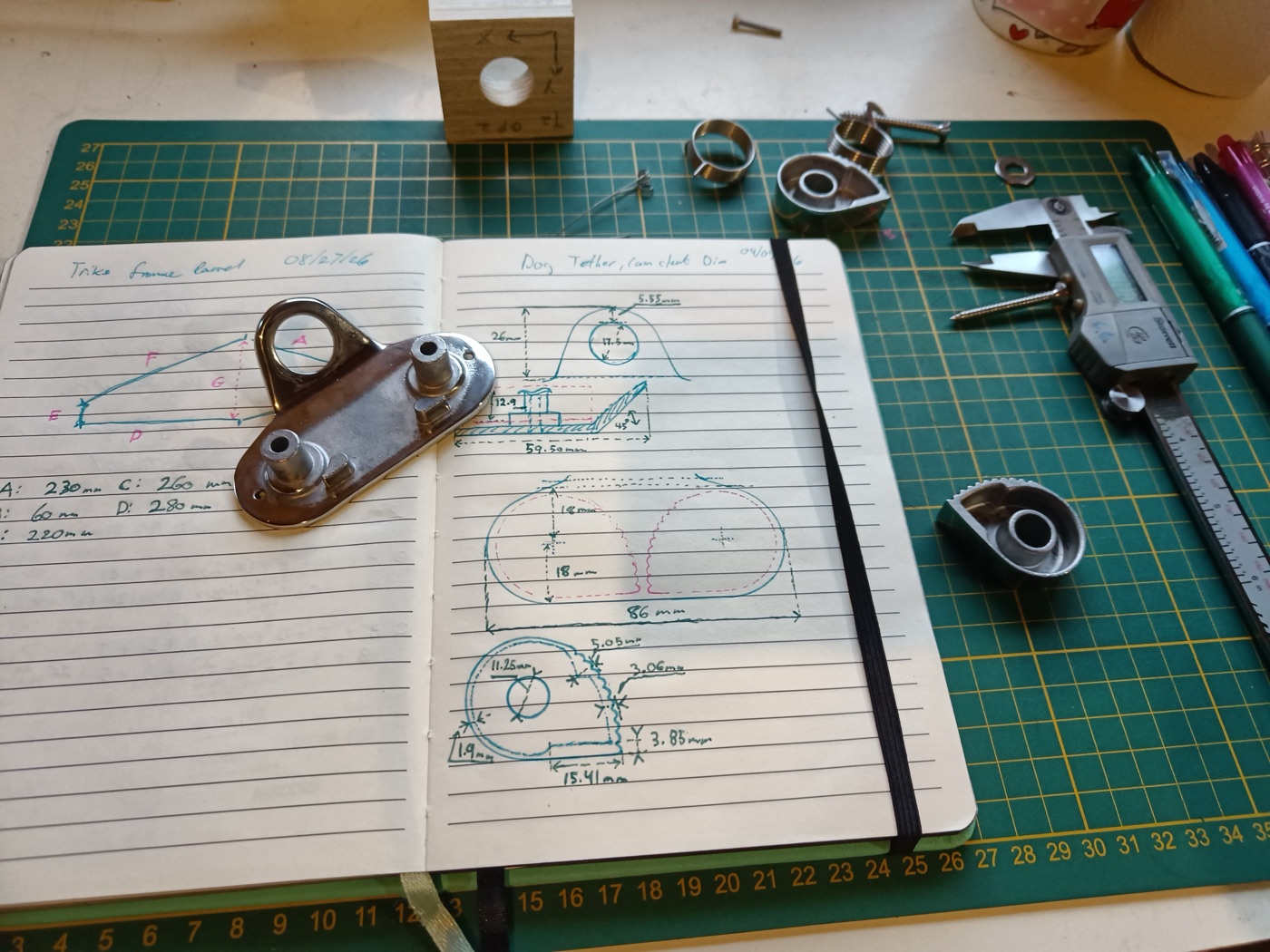 Hand sketch of the brake mount with dimensions